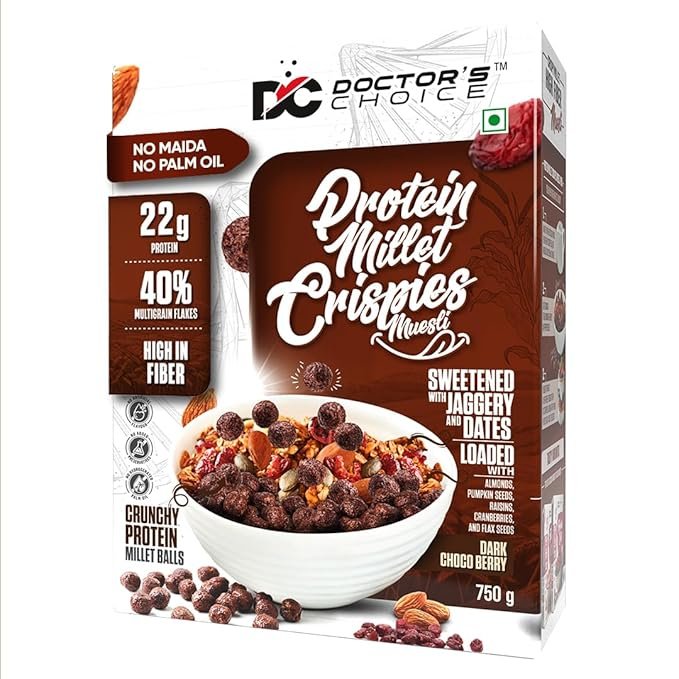 DC DOCTORS CHOICE High Protein Multigrain Muesli|22 Gm Protein|No Maida|No Palm Oil|Jaggery Sweetened Fiber-Rich|Preservative-Free|Healthy Crunchy Treat|750 Gram|Chocolate|1 Count